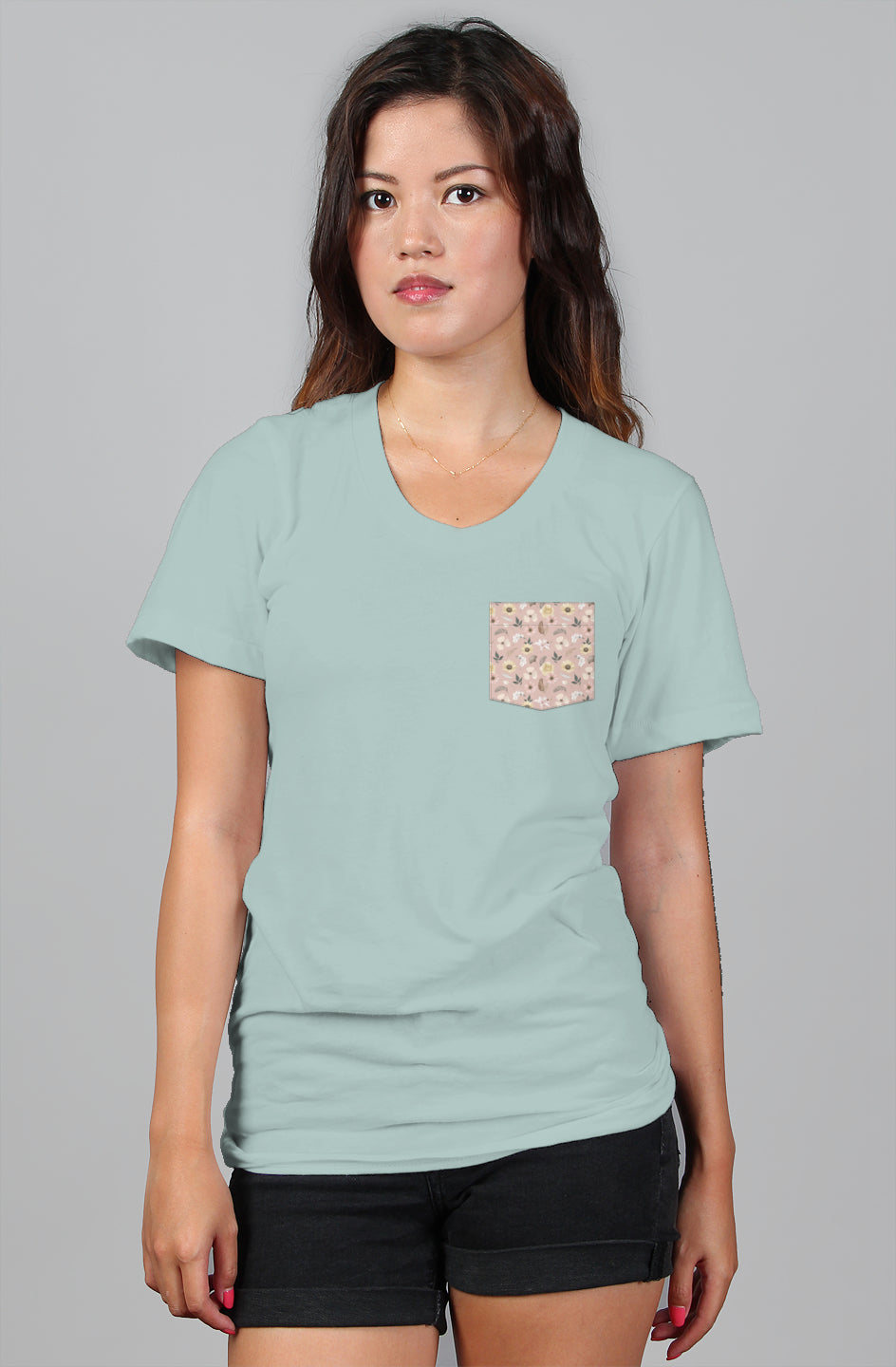 womens relaxed green t shirt flower pocket