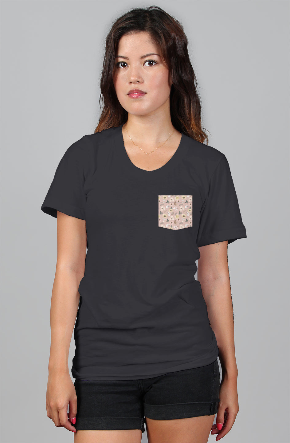 womens relaxed vintage black t shirt flower pocket